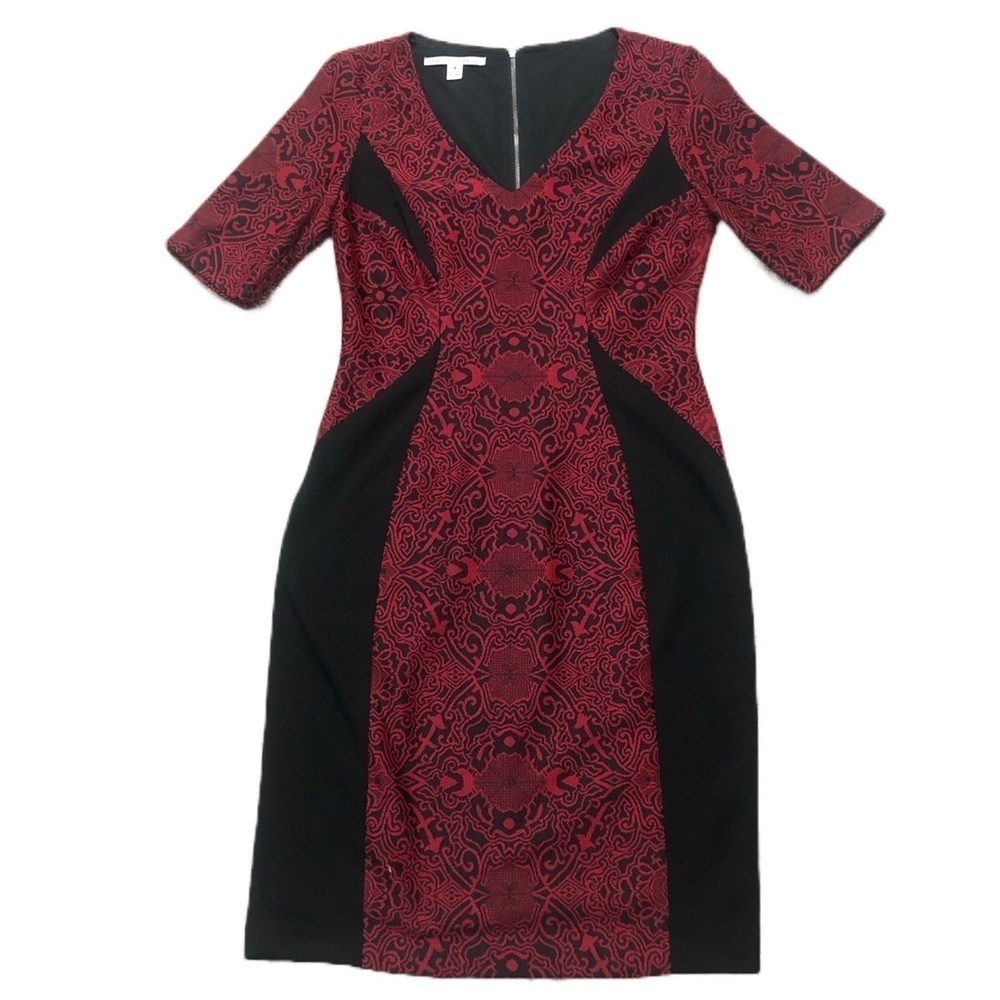 Maggy London Ponte Jacquard Sheath Dress Red and Black Size 4 - Picture 2 of 8